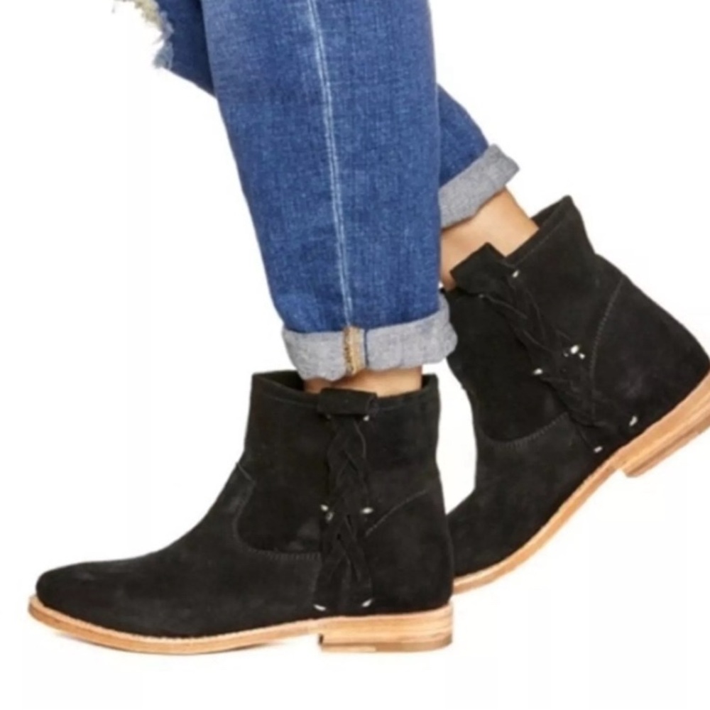Soludos Black Suede Ankle Boots with Tan Sole
